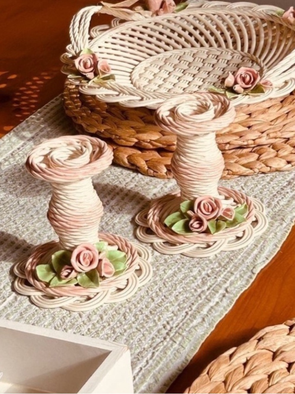 Whimsical Candlesticks Pair of 2 Rose Adorned Cream Pink 1991 Belleek Bev Sparks